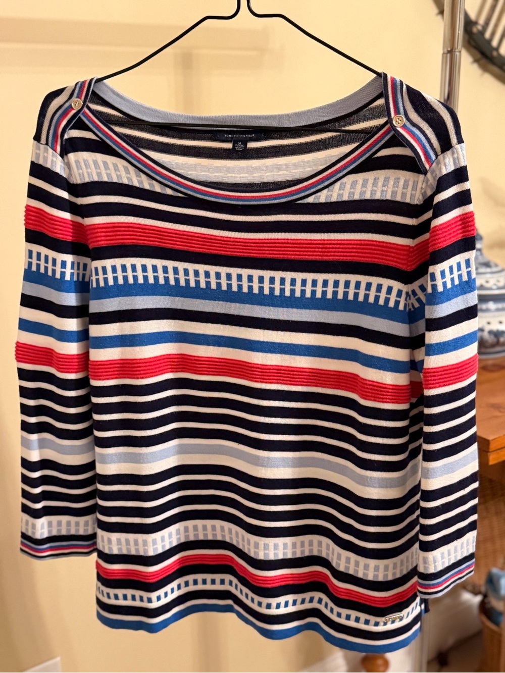 Tommy Hilfiger - Navy, Coral, White & Blue Striped Summer Sweater XL